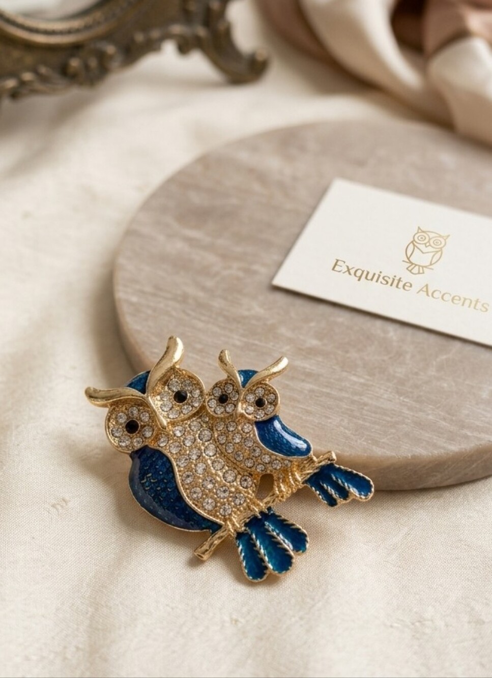 Mint Gold and Blue Three-Owl Brooch